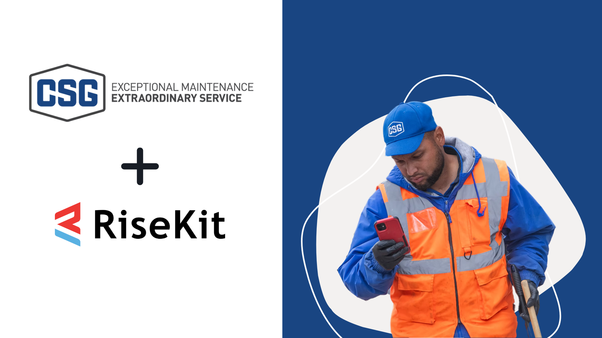 CSG logo with RiseKit logo on the left with a CSG employee on the right