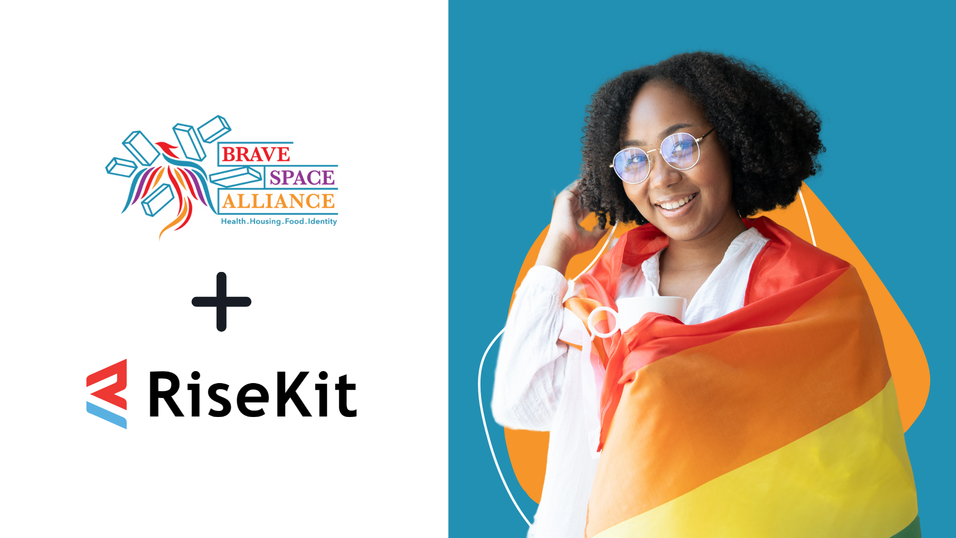 Brave Space Alliance logo with RiseKit logo with black woman holding a LGBTQIA+ flag